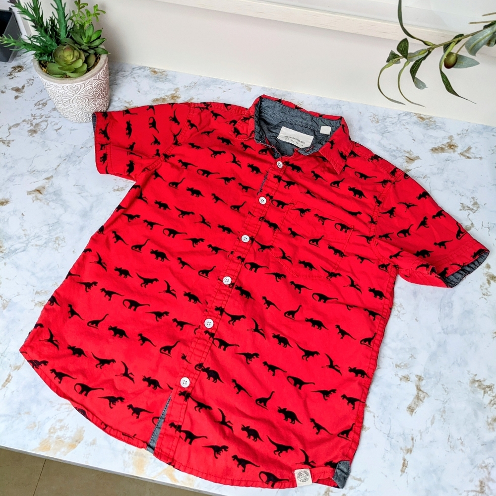 Red Boys Dinosaur Paper Denim & Cloth Button Down Shirt 8
